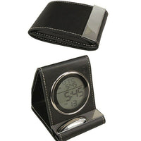 Elegance Leather Travel Alarm Clock-Folding alarm clock for use in travel or at home.