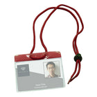 Beslayn Horizontal Heavy Duty Vinyl All-In-One Colour ID Badge Holder with Neck Cord, 3-5/8" x 2-5/8", Clear, Red, 50 Pack-All-in-one colour vinyl badge holders with adjustable neck cord