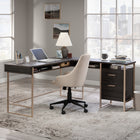 Sauder 60"W Walter Heights L-Desk - Blade Walnut-Small drawer features metal runners and safety stops for smooth operation