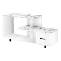 Monarch Specialties 2609 Tv Stand - 48"L/White/White Marble Top/1 Drawer-Unique Art-Deco inspired white with white faux marble top TV table accommodates all TV sizes equipped with a center pedestal stand
