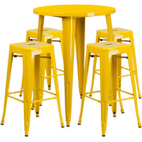 30'' Round Yellow Metal Indoor-Outdoor Bar Table Set with 4 Square Seat Backless Barstools (CH-51090BH-4-30SQST-YL-GG)-Indoor Outdoor Sets