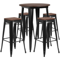 Flash Furniture 30" Round Black Wood Top Metal Bar Table Set and 4 Backless Stools-Black/Galvanized Steel, Metal, Plastic, Rubber, Wood