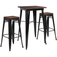 Flash Furniture 23.5" Square Black Wood Top Metal Bar Table Set and 2 Backless Stools-Black/Galvanized Steel, Metal, Plastic, Rubber, Wood