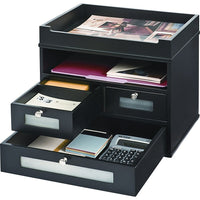 Victor Wood Tidy Tower Desktop Organizer, Midnight Black (5500-5)-Durable MDF in an attractive black finish with a faux leather top and frosted glass windows