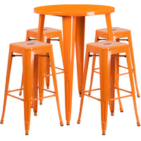 30'' Round Orange Metal Indoor-Outdoor Bar Table Set with 4 Square Seat Backless Barstools (CH-51090BH-4-30SQST-OR-GG)-Indoor Outdoor Sets