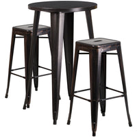 Flash Furniture Commercial Grade 24" Round Black-Antique Gold Metal Indoor-Outdoor Bar Table Set with 2 Stools-Bar Height Table and Stool Set