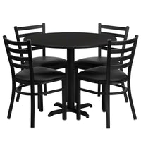 Flash Furniture 36" Round Black Laminate Table Set with X-Base & 4 Ladder Back Metal Chairs - Black Vinyl Seat-Table and Chair Set