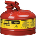 Justrite Type I Safety Cans without Funnel, 2.5 Gal, 11 3/4" x 11 1/2", Red-Compliant Type I Safety Cans are designed with a single spout for filling and pouring of all types of flammable liquids