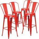 Flash Furniture Commercial Grade 30" High Red Metal Indoor-Outdoor Barstool with Back-Set of 4 Bistro Style Bar Stools