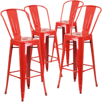 Flash Furniture Commercial Grade 30" High Red Metal Indoor-Outdoor Barstool with Back-Set of 4 Bistro Style Bar Stools