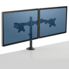 Fellowes Reflex Dual Monitor Arm-Mounts to desk with a heavy-duty clamp or optional grommet mount