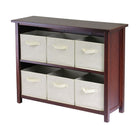 Winsome Verona 2-Section W Storage Shelf with 6 Foldable Beige Fabric Baskets, Antique Walnut-This storage shelf comes with 6 foldable beige fabric baskets.