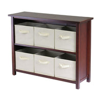 Winsome Verona 2-Section W Storage Shelf with 6 Foldable Beige Fabric Baskets, Antique Walnut-This storage shelf comes with 6 foldable beige fabric baskets.