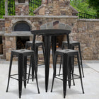 30'' Round Black Metal Indoor-Outdoor Bar Table Set with 4 Square Seat Backless Barstools (CH-51090BH-4-30SQST-BK-GG)-30"W x 30"D x 41"H