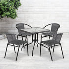 Flash Furniture 28" Square Glass Metal Table with Grey Rattan Edging & 4 Grey Rattan Stack Chairs-Designed for Commercial and Residential Use
