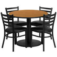 Flash Furniture 36" Round Natural Laminate Table Set with Round Base & 4 Ladder Back Metal Chairs - Black Vinyl Seat-Table and Chair Set