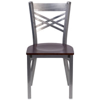 Flash Furniture HERCULES Series Clear Coated "X" Back Metal Restaurant Chair - Walnut Wood Seat-Metal Chair
