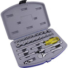 Gray Tools 27 Piece 1/4" Drive, 6 Point SAE & Metric Standard, Chrome Socket & Attachment Set-Contains: 4, 5, 6, 7, 8, 9, 10, 11, 12, 13mm, 3/16", 7/32", 1/4", 9/32", 5/16", 11/32", 3/8", 7/16", 1/2", 9/16" sockets, 20 Tooth Ratchet, Flex Handle, 2", 3" & 6" Extensions, U-Joint and Hand Driver.
