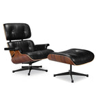 Nicer Furniture Italian Leather Modern Lounge Chair and Ottoman - Black Leather with Walnut Finish-Upholstered in 100% full-grain Italian aniline leather.