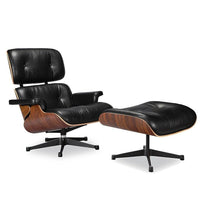 Nicer Furniture Italian Leather Modern Lounge Chair and Ottoman - Black Leather with Walnut Finish-Upholstered in 100% full-grain Italian aniline leather.