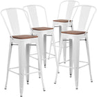 Flash Furniture 30" High Metal Barstool with Back & Wood Seat - White-Curved Back with Vertical Slat