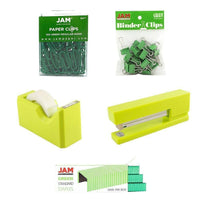 JAM Paper Office Starter Desk Kit, Green (338756gr)-Includes paper clips, binder clips, tape dispenser, stapler, and staples