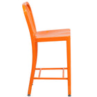 Flash Furniture Commercial Grade 24" High Orange Metal Indoor-Outdoor Counter Height Stool with Vertical Slat Back - 2 Pack-Curved Vertical Slat Back
