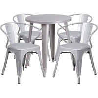 24'' Round Silver Metal Indoor-Outdoor Table Set with 4 Arm Chairs (CH-51080TH-4-18ARM-SIL-GG)-Indoor Outdoor Sets