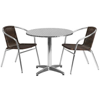 Flash Furniture 31.5"L Round Indoor-Outdoor Table with 2 Rattan Chairs, Aluminum (TLH32RD020CHR2)-Aluminum/Aluminum, Plastic, Rattan, Stainless Steel