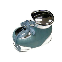 Elegance Booties Shoe Bank, Boy-Silver plated blue booties money bank. Made with Blue Enameled
