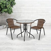 Flash Furniture 28" Round Tempered Glass Metal Table with Dark Brown Rattan Edging-Patio Table