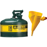 Justrite Type I Safety Cans with Funnel, 1 Gal, 9 1/2" x 11", Green-Compliant Type I Safety Cans are designed with a single spout for filling and pouring of all types of flammable liquids