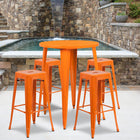 30'' Round Orange Metal Indoor-Outdoor Bar Table Set with 4 Square Seat Backless Barstools (CH-51090BH-4-30SQST-OR-GG)-30"W x 30"D x 41"H