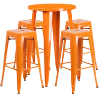 24'' Round Orange Metal Indoor-Outdoor Bar Table Set with 4 Square Seat Backless Barstools (CH-51080BH-4-30SQST-OR-GG)-Indoor Outdoor Sets