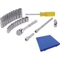 Gray Tools 25 Piece 1/4" Drive, 6 Point SAE Standard & Deep, Chrome Socket & Attachment Set-Contains: Standard length sockets: 3/16", 7/32", 1/4", 9/32", 5/16", 11/32", 3/8", 7/16", 1/2", 9/16", Deep length sockets: 3/16", 7/32", 1/4", 9/32", 5/16", 11/32", 3/8", 7/16", 1/2", 9/16" sockets, Reversible Ratchet, U-Joint, 2" & 6" Extensions and Hand Driver.