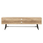 CorLiving TV Bench with Splayed Legs for TVs up to 80", Distressed Warm Beige with White Duotone-Large open center shelving area accommodates your A/V equipment