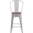 Flash Furniture 24" High Silver Metal Counter Height Stool with Back & Wood Seat-Seat Size: 12"W x 12"D