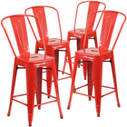 Flash Furniture Commercial Grade 24" High Red Metal Indoor-Outdoor Counter Height Stool with Back-Curved Back with Vertical Slat