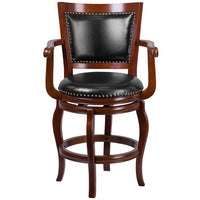 Flash Furniture 26" High Cherry Wood Counter Height Stool with Arms, Panel Back & Black LeatherSoft Swivel Seat-Transitional Style Stool