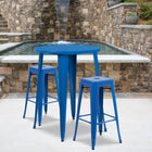 30'' Round Blue Metal Indoor-Outdoor Bar Table Set with 2 Square Seat Backless Barstools (CH-51090BH-2-30SQST-BL-GG)-30"W x 30"D x 41"H