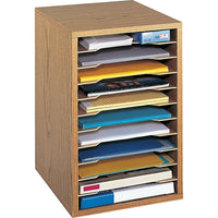 Safco Vertical Desktop Sorter, 11 Compartment, Oak-Compact organizer is perfect for desktop literature and forms organization