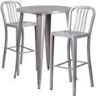 30'' Round Silver Metal Indoor-Outdoor Bar Table Set with 2 Vertical Slat Back Barstools [CH-51090BH-2-30VRT-SIL-GG]-Metal Cafe Bar Table