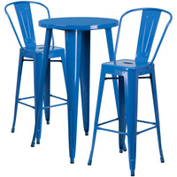 24'' Round Blue Metal Indoor-Outdoor Bar Table Set with 2 Cafe Barstools [CH-51080BH-2-30CAFE-BL-GG]-Round Metal Bar Set