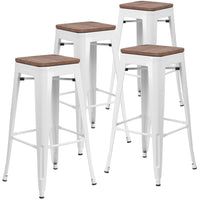 Flash Furniture 30" High Backless Metal Barstool with Square Wood Seat - White-Set of 4 Stackable Industrial Style Modern Stools