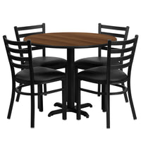 Flash Furniture 36" Round Walnut Laminate Table Set with X-Base & 4 Ladder Back Metal Chairs - Black Vinyl Seat-Table and Chair Set