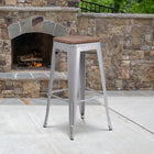 Flash Furniture 30" High Backless Silver Metal Barstool with Square Wood Seat-Backless Design