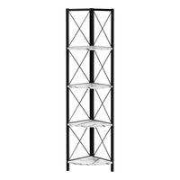 Monarch Specialties 3651 60"H Bookcase - White Marble/Black Metal Corner-This corner shelf features a three-leg black metal frame, allowing it to sit tight against the wall