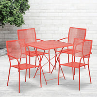 28'' Square Coral Indoor-Outdoor Steel Folding Patio Table Set with 4 Square Back Chairs [CO-28SQF-02CHR4-RED-GG]-Set Includes Folding Table and 4 Chairs