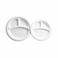 Globe Commercial Products 9" Round Fibre Bagasse Compostable Plate - 3 Compartment - 500 Pack-White Bagasse (100% sugarcane fibre)