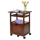 Winsome Piper Work Cart/Printer Stand with Keyboard-Made of solid and composite wood in a walnut finish. Assembly required.